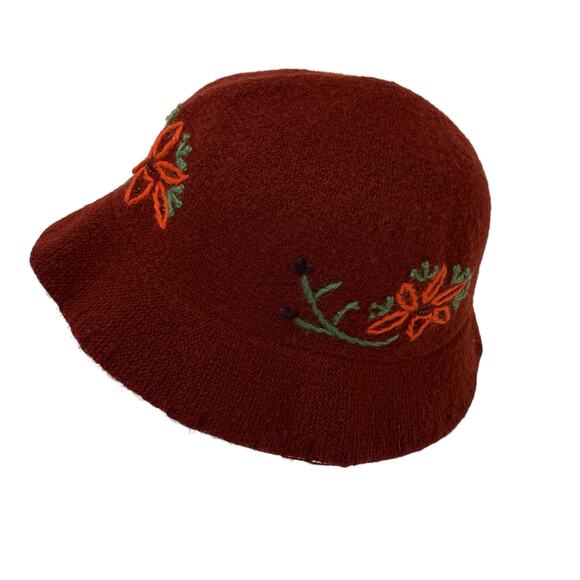 GAP Maroon Burgundy  Embroidered Floral Wool Blend Bucket Hat Y2K Vintage - Picture 8 of 9